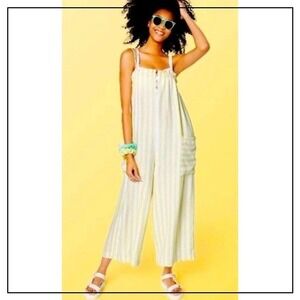 Stony Clover Lane Target Jumpsuit M Linen Crop Wide Leg Ruffle Coastal Nautical